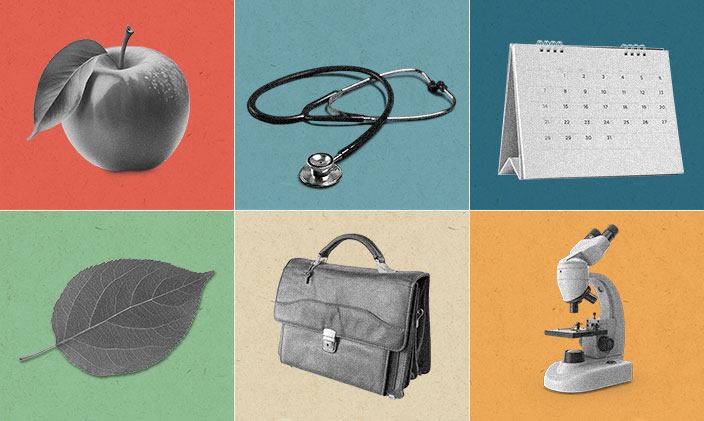 Stylized image of an apple, stethoscope, briefcase, microscope and other items denoting careers that positively impact the community