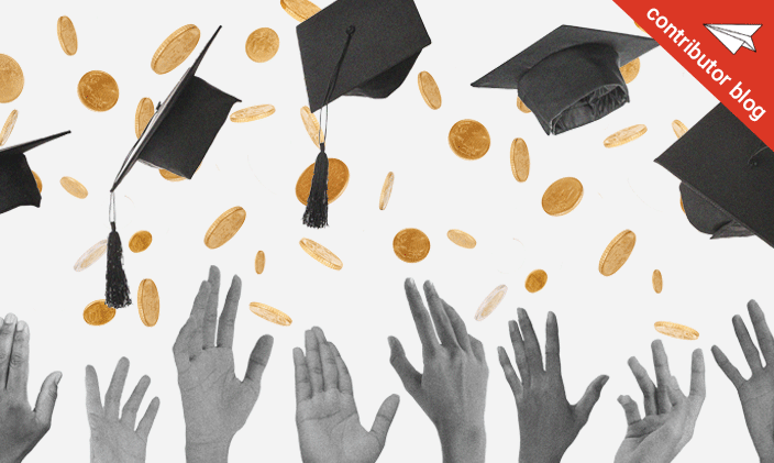 Graduation caps being thrown into the air, along with coins, to signify tuition