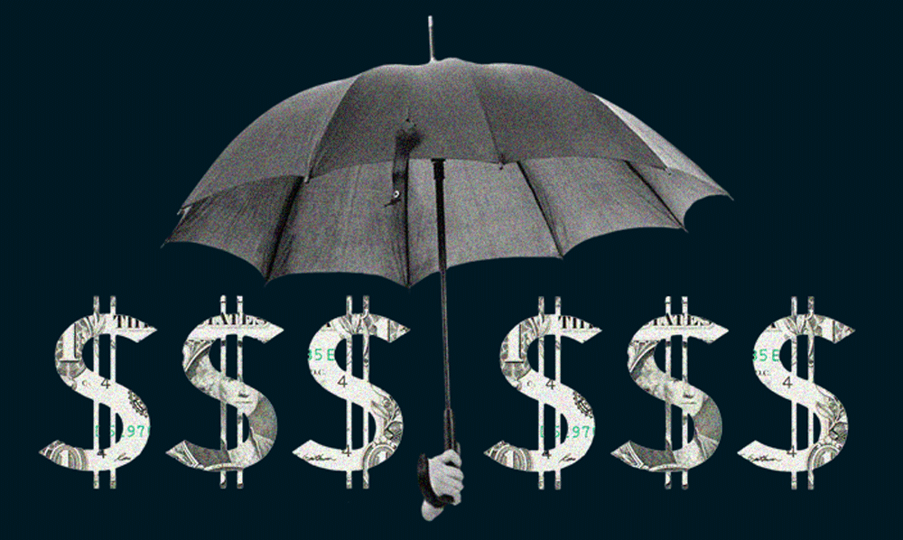 Illustration showing an umbrella over dollar signs