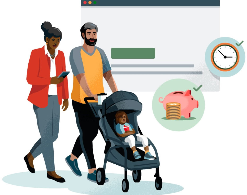 An illustration showing a couple pushing a stroller with a dollar sign and clock in the background