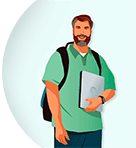 man wearing a backpack and holding a laptop