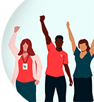Three diverse people cheering with hands raised in the air