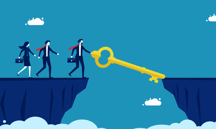 Animated graphic of business figures using a large key to cross a bridge with a chasm