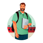 Icon of man waiting for class with backpack and closed laptop.